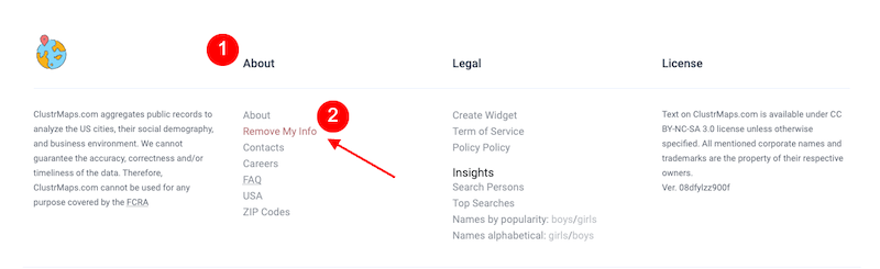 A website footer divided into three sections titled "About," "Legal," and "License." An arrow points to the "Remove My Info" link under the "About" section.