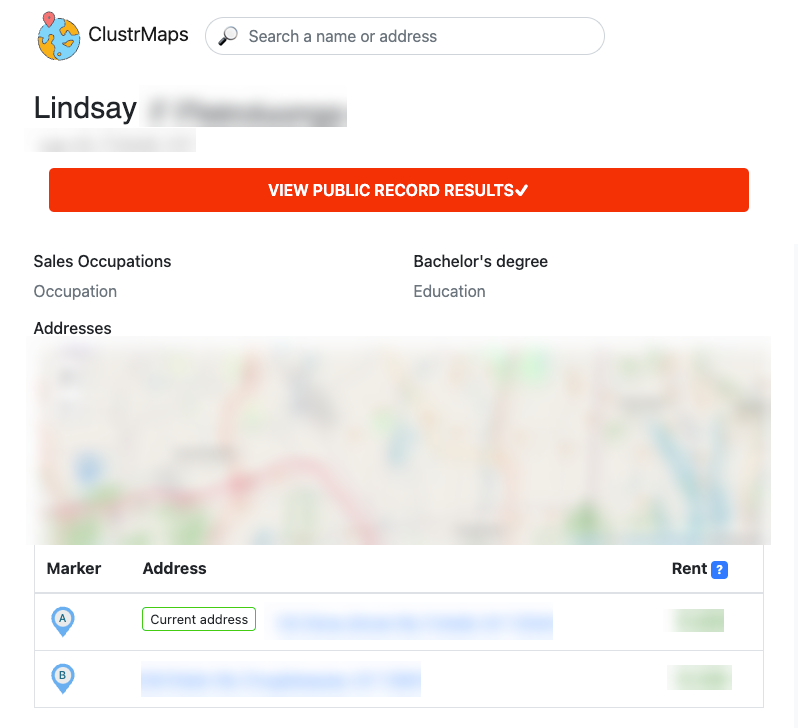 Screenshot of a ClustrMaps search result for "Lindsay." The page shows options to view public records, search for people by name or address, and provides a list of addresses with markers, indicating one as the current address, alongside rent estimates.