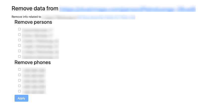 A screenshot of a webpage shows options for removing data from a link. There are sections labeled "Remove persons" and "Remove phones," each with a list of checkboxes next to items to be removed. A blue "Apply" button is at the bottom left.
