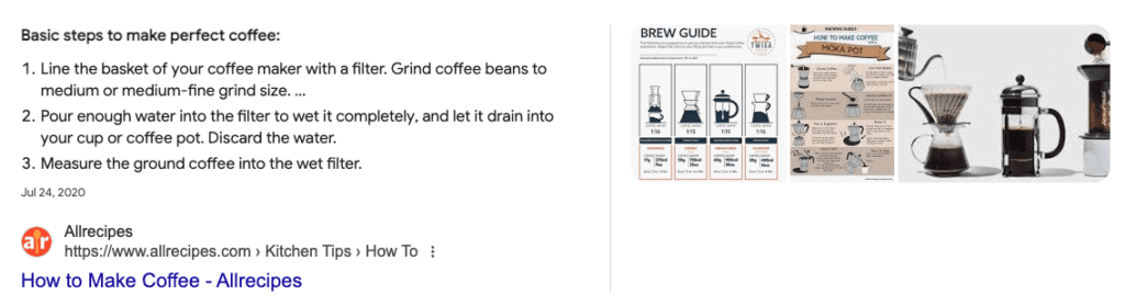 A guide on making coffee with written steps on the left, followed by a detailed brew guide infographic showing types of coffee makers, coffee-to-water ratios, grind sizes, and brewing times. A thumbnail shows various coffee-making equipment. Title: "How to Make Coffee - Allrecipes.