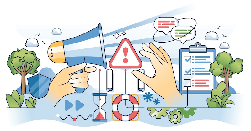 Illustration of hands holding a megaphone and a warning sign, with various symbols including speech bubbles, a clipboard, trees, a shield, an hourglass, and gears. Represents communication, alert, corporate reputation management, and project management concepts.