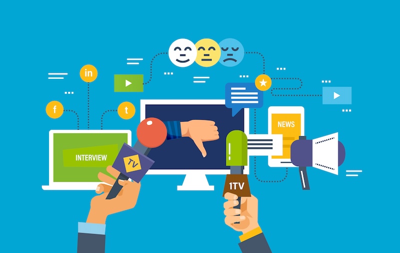 Illustration depicting media and communication. Microphones from different TV channels are directed toward a computer showing a thumbs-down symbol. Social media icons, emojis, news, and communication symbols such as a megaphone are present in the background, highlighting corporate reputation management challenges.