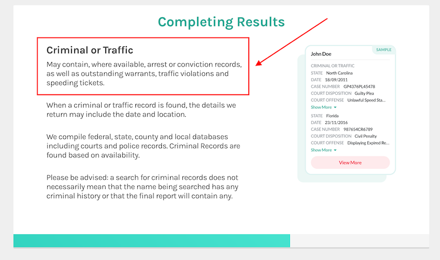 A screenshot titled "Completing Results" featuring a highlighted section on "Criminal or Traffic" records. It explains what the report may contain. An example report for "John Doe" with specific details like name, case number, and state is shown on the right.