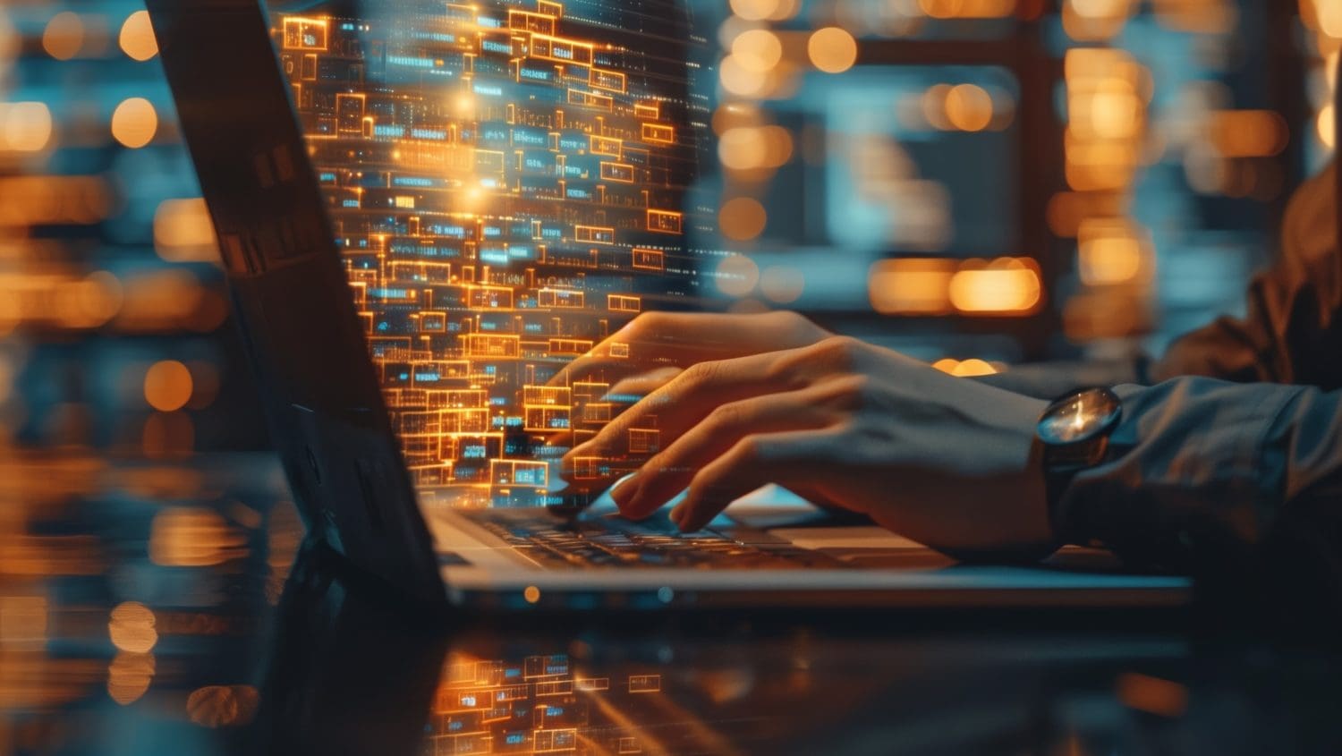 A person types on a laptop, exploring how to do a deep web search on someone, surrounded by glowing digital data symbols. The scene is infused with warm orange and blue lights, giving it a futuristic and dynamic feel. The focus is on the hands and the illuminated screen.