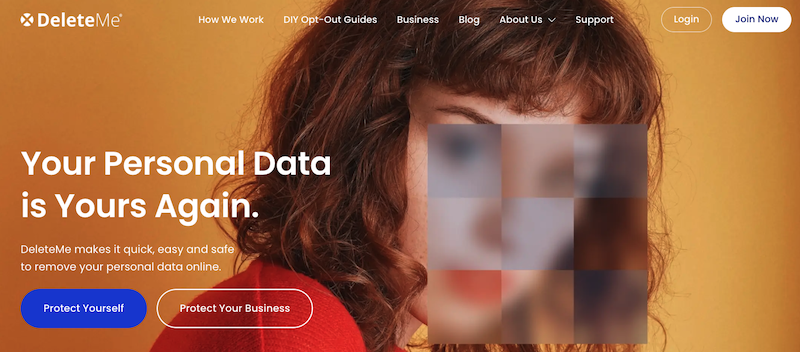 A banner from DeleteMe's website displays a blurred woman's face. The text reads "Your Personal Data is Yours Again." Below, two buttons offer options to protect personal or business data. The header includes navigation links and buttons for login and joining.