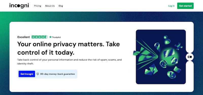 An online privacy service advertisement with a green background features the text, "Your online privacy matters. Take control of it today." There are icons symbolizing security and privacy. A "Get Incogni" button and 30-day money-back guarantee are displayed at the bottom.