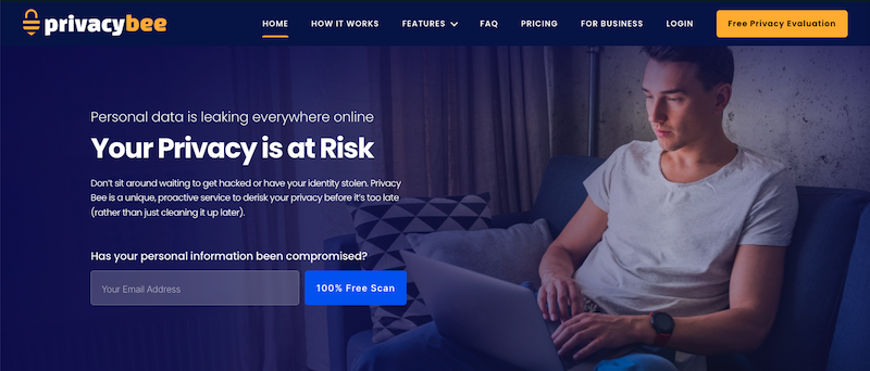 A person looks at a laptop screen while seated on a couch. The website shown, Privacy Bee, warns about the risks of personal data leaks, offering a free scan to check for compromised information. The background is dark, and there's a prominent call to action button.