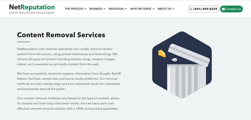 A webpage for NetReputation's Content Removal Services. It features a trash can icon with content being disposed of. Text describes their services to remove harmful online content, including blogs, reviews, images, and videos from various platforms, with a money-back guarantee.