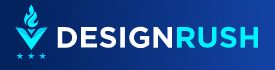 Logo with a stylized blue flame above a book icon, followed by three stars. The text "DESIGNRUSH" is displayed, with "DESIGN" in white and "RUSH" in blue, against a dark blue gradient background.