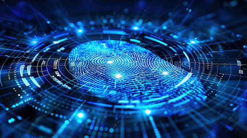 A blue digital fingerprint surrounded by glowing circuit patterns and binary code vividly defines the concept of a digital footprint, symbolizing cybersecurity and digital identity. The image exudes a futuristic aura with its bright, luminous elements and technological theme.