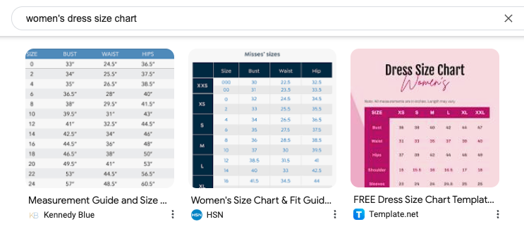 A screenshot of a Google search for "women's dress size chart" showing three images. The first is a chart by Kennedy Blue with bust, waist, and hips measurements. The second is from HSN for Misses' sizes. The third is a free dress size chart template from Template.net.