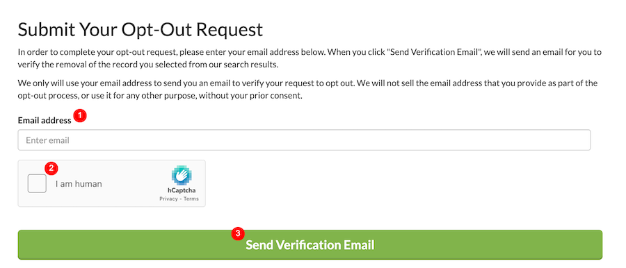 Screenshot of an opt-out request form. The form instructs users to enter their email address to verify their request via a verification email. It includes an email address field, a "I am human" CAPTCHA checkbox, and a "Send Verification Email" button.