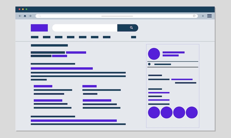 Illustration of a web browser displaying a search engine results page. The left side shows a list of search results with lines indicating text and links in black and purple. The right side has a detailed panel with a profile picture icon, text blocks, and several circle icons.