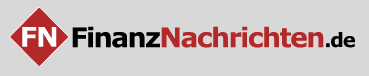 Logo of FinanzNachrichten.de with a red diamond shape on the left featuring "FN" in white. The text next to it reads "FinanzNachrichten.de" with "Finanz" in black and "Nachrichten.de" in red and black. Background is light gray.