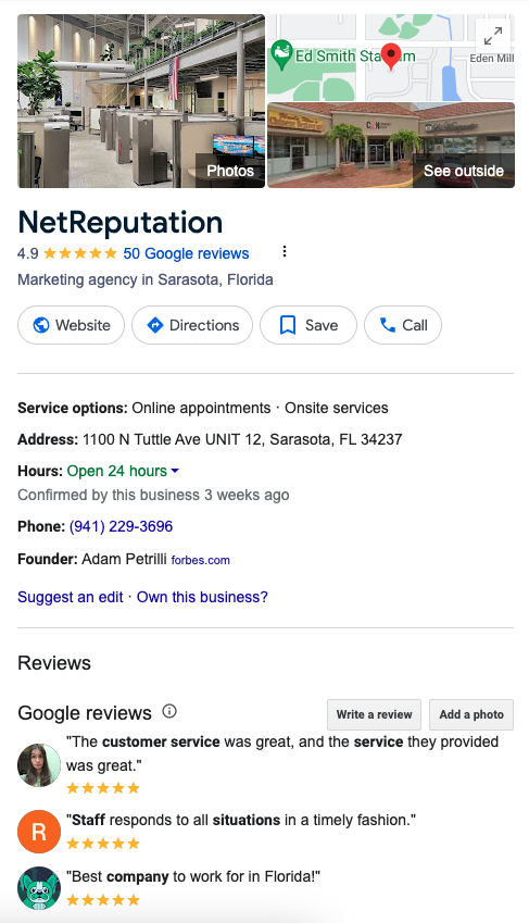 Screenshot of a Google business listing for NetReputation, a marketing agency in Sarasota, Florida. The listing shows a 4.9-star rating with 50 reviews, contact details, hours of operation, and a highlighted review praising their customer service and staff responsiveness. Learn how to get Google reviews like this!