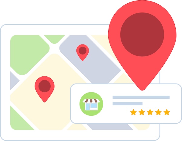 Illustration of a map with three red location pins. One pin is in the foreground, enlarged with a nearby pop-up showing a storefront icon and a five-star rating. The map features different colored sections indicating various areas or zones—a perfect guide for how to add a business to Google Maps effectively.