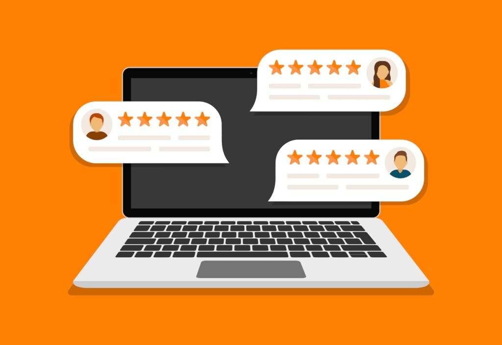 Illustration of a laptop on an orange background displaying three speech bubbles with star ratings and user icons, symbolizing online reviews or feedback.