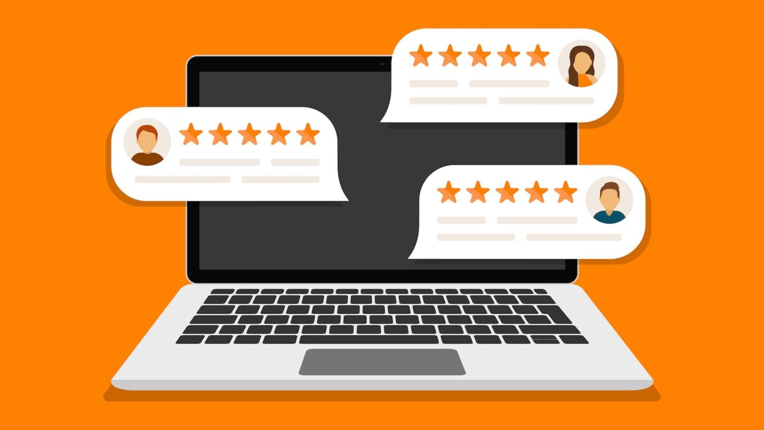 Illustration of a laptop on an orange background displaying three speech bubbles with star ratings and user icons, symbolizing online reviews or feedback.