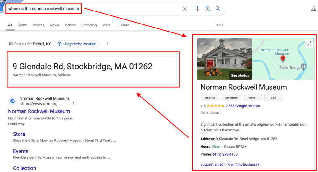 Screenshot of a Google search for "where is the Norman Rockwell Museum" showing the address as 9 Glendale Rd, Stockbridge, MA 01262. The search results include the museum's website and a sidebar with contact details, a map location, and the building's image.