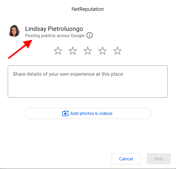 A user review interface is displayed with the name "Lindsay Pietroluongo" and her profile picture. Below her name, text reads "Posting publicly across Google." For those wondering how to get Google reviews, there's a 5-star rating system, a text box for review details, and an "Add photos & videos" button.