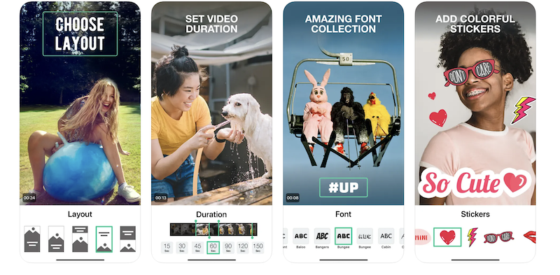 Screenshots showcasing features of a photo editing app with different panels for choosing layout, setting duration, selecting fonts, and adding colorful stickers for online reputation marketing, each illustrated with example images.