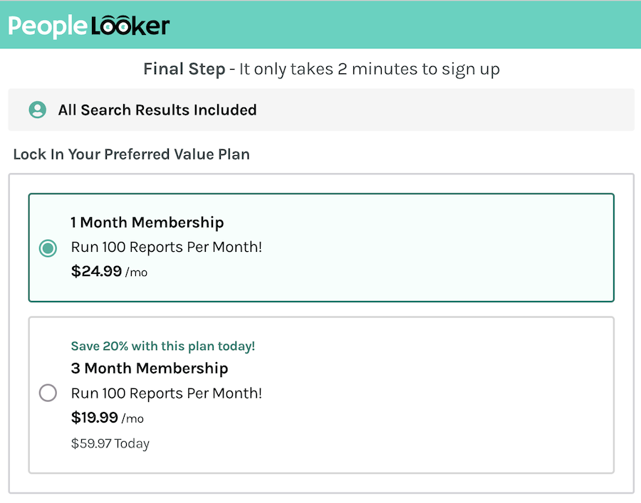 Screenshot of the final step of the PeopleLooker sign-up process. It offers two membership plans: a 1-month membership for $24.99 per month and a 3-month membership at a discounted rate of $19.99 per month, saving 20%, totaling $59.97 for 3 months.