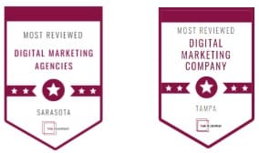 Two award badges featuring "Most Reviewed Digital Marketing Agencies" for Sarasota and "Most Reviewed Digital Marketing Company" for Tampa, both from The Manifest. Each badge includes a star within a maroon banner design.