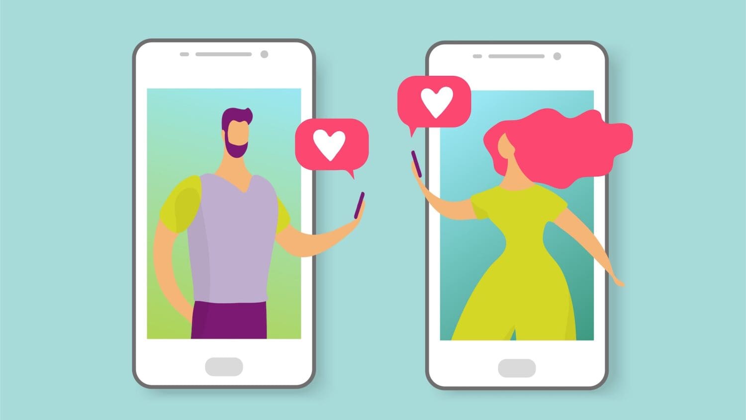 Illustration of two smartphones with a man and woman on the screens, each holding phones. They exchange heart icons, symbolizing online dating or messaging. The background is teal.