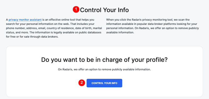 Screenshot of Radaris website detailing privacy monitoring services. The page highlights two main sections: "Control Your Info" and a call-to-action button labeled "CONTROL YOUR INFO" for removing publicly available personal information, offering an easy way to remove your name from Radaris.