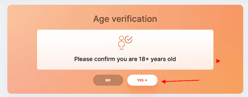 Age verification screen with an orange gradient background. It includes a prompt saying, "Please confirm you are 18+ years old," with options "NO" on the left and "YES" on the right. An arrow points to the "YES" button. Icons of a person and a checkmark are also displayed, ensuring ease of navigation like when you remove name from Radaris.