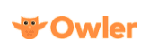 Logo with the word "Owler" in orange next to a stylized orange owl graphic on the left. The owl has big eyes and simple line details for its beak and body.