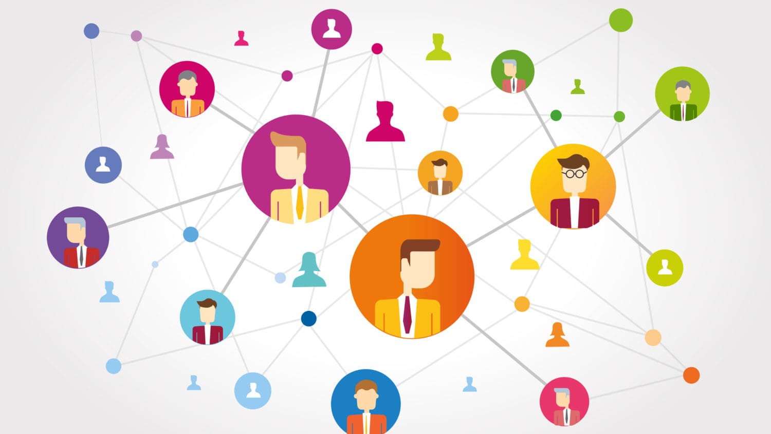 A colorful illustration depicting a network of connections between various avatars. Each avatar is represented by a circular icon, showing stylized, cartoon-like people in different colors. Lines and dots interconnect the avatars like a web-like structure, symbolizing the PeopleLooker opt-out options enabling privacy focus.