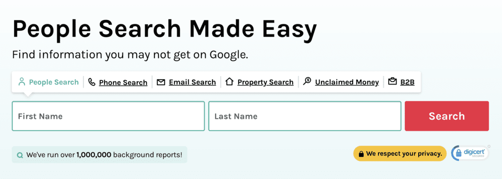Screenshot of a people search website showing various search options: People Search, Phone Search, Email Search, Property Search, Unclaimed Money, and B2B. Input fields for first and last names are present, along with a red 'Search' button to the right.