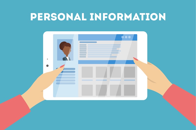 Illustration of a person holding a tablet displaying a personal information profile. The profile on the screen has a photo, basic information details, and several sections, all set against a blue background with the text "PERSONAL INFORMATION" at the top.