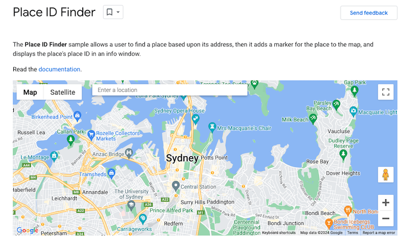 A screenshot of a website titled "Place ID Finder" shows a map of Sydney, Australia. The interface allows users to search for locations, add markers, and view place IDs. The map has standard navigation and zoom tools, with highlighted landmarks and regions. Discover how to get Google reviews effortlessly.
