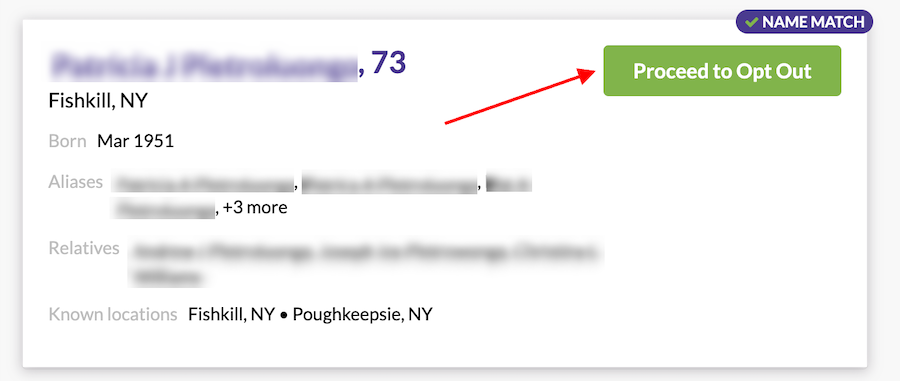 A screen showing search results for a person blurred out for privacy. A red arrow points to a green button labeled "Proceed to Opt Out." The information includes age, location, birth month/year, aliases, relatives, and known locations, all partially blurred.