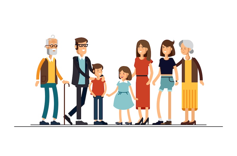 Illustration of a multi-generational family standing together. From left to right: an elderly man with a cane, a man with glasses, a young boy, a young girl in a blue dress, a woman in a red dress, a teenage girl, and an elderly woman. All are smiling.