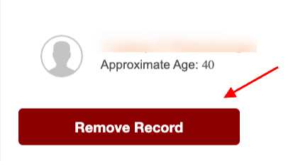 A profile with a blank avatar space and text indicating an approximate age of 40. Below is a red button with the text "Remove Record." An arrow points to the button from the right.