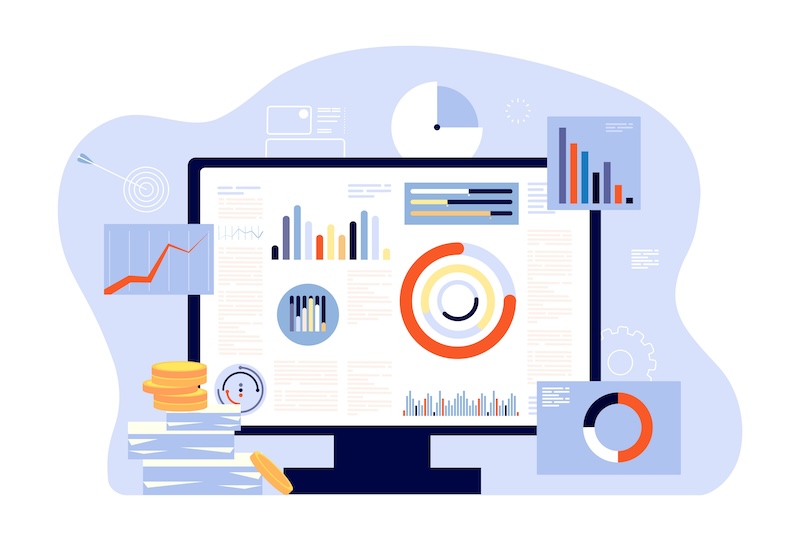 Illustration of a computer screen displaying various charts and graphs, including bar, pie, and line charts. The scene is surrounded by additional graphical elements like targets, data sheets, a stack of coins, and a stack of papers.