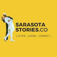 A stylized image of a sailor and a nurse embracing against a bright yellow background. The text reads "Sarasota Stories.co" with the tagline "Listen... Learn... Connect..." written below.