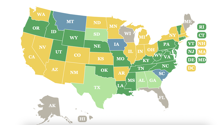 Map of the United States color-coded by state: green for east, yellow for west, and gray for states not categorized. South Carolina, Texas, Oklahoma, and others are in green; Nevada, Utah, and more are in yellow.