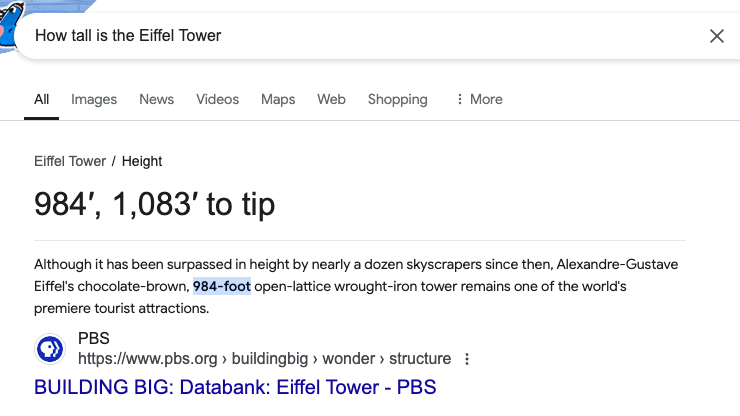 Screenshot of a Google search result for "How tall is the Eiffel Tower?" It shows a height of 984 feet or 1,083 feet to the tip. The text highlights that the Eiffel Tower remains a premier tourist attraction despite being surpassed in height by other skyscrapers.