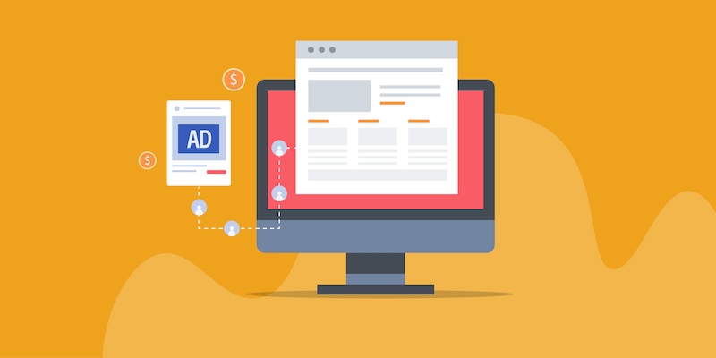 A graphic illustrating an online advertising concept with a computer monitor displaying a webpage. On the left, an ad labeled "AD" is connected to the monitor by a dotted line, symbolizing its integration into the webpage. The background is orange, subtly hinting at explaining what is a guest post as part of content placement.