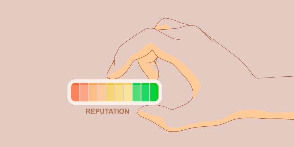 A hand adjusts a reputation meter, with shades ranging from red to green. The meter is halfway green, suggesting a positive reputation. The background is a light beige color.