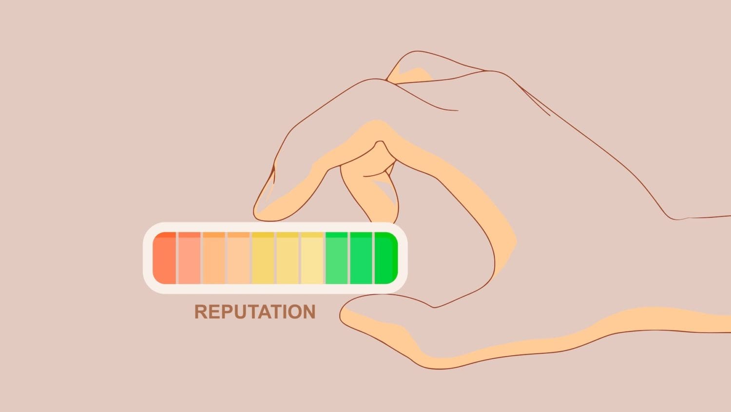 A hand adjusts a reputation meter, with shades ranging from red to green. The meter is halfway green, suggesting a positive reputation. The background is a light beige color.